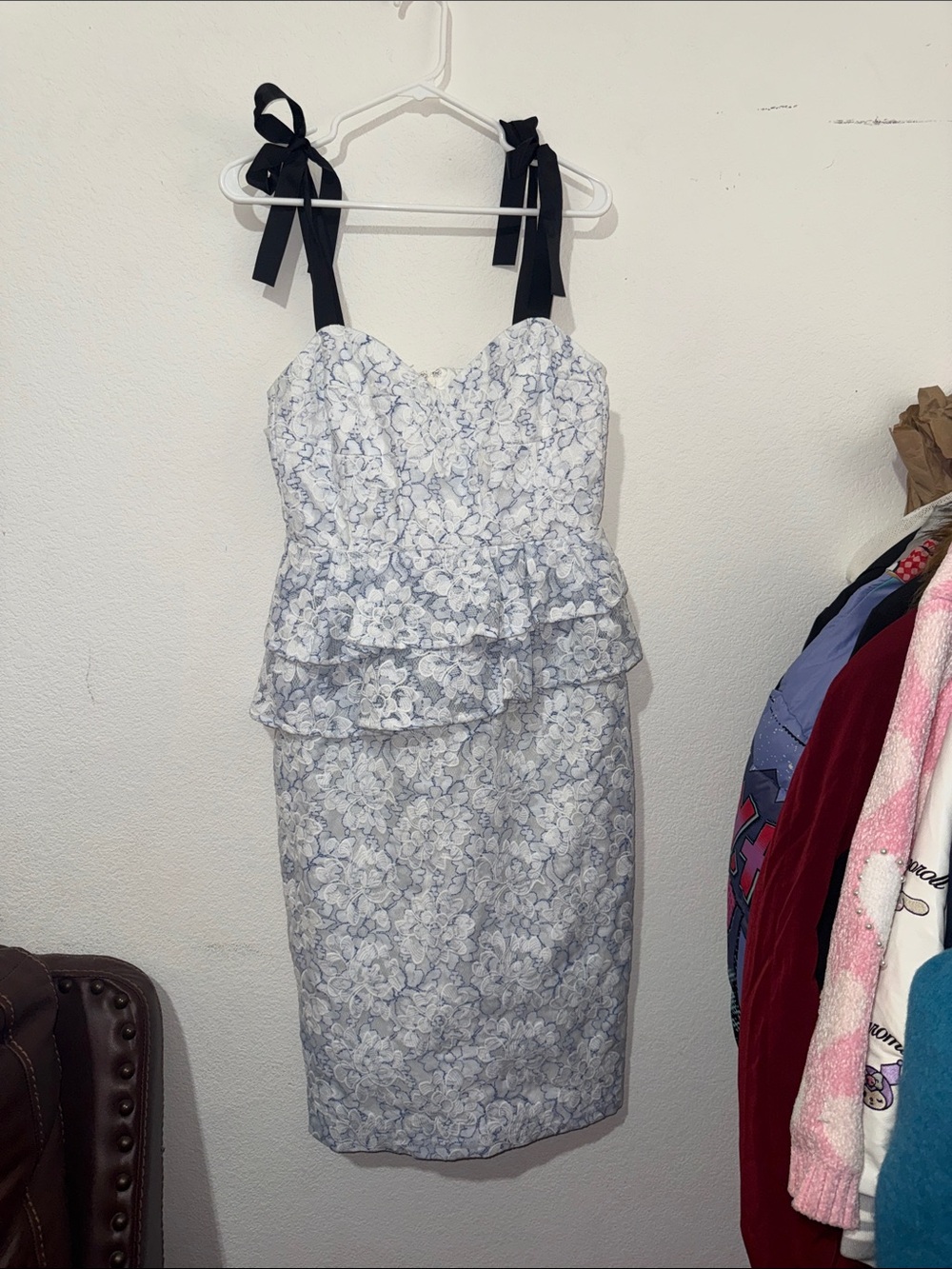 One-Shoulder Floral Peplum Sheath Dress with Black Tie Straps